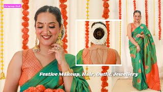 Festive Saree GRWM  Makeup Hair Jewellery Saree  Perkymegs Hindi [upl. by Bred]