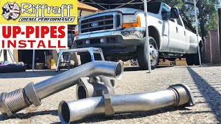 2001 F350 73  RiffRaff UpPipes Install  Stock up pipes leaking and falling apart JUNK SP [upl. by Brendis]